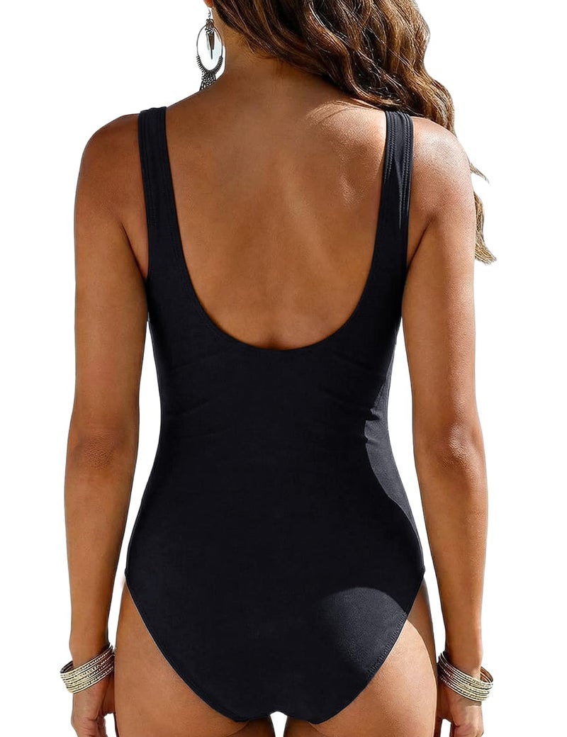 Firpearl Women's Retro One Piece Bathing Suits Ruched Tummy Control Swimsuit Black US14 - Image 4